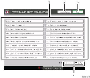Ilustración con llamadas numeradas de la pantalla del panel de operaciones