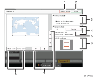 Ilustración con llamadas numeradas de la pantalla del panel de operaciones