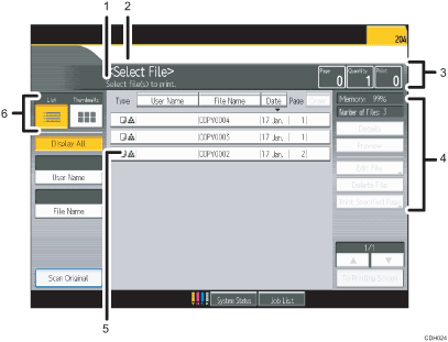 Kezelőpanel képernyőjének számozott jelölésű illusztrálása
