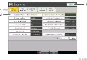 skjermillustrasjon av funksjonspanel (nummerert bildetekst)