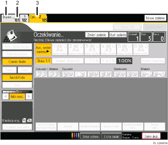 Ilustracja ekranu panela oznaczona numerowanymi odsyłaczami