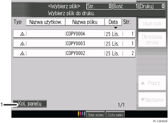 Ilustracja ekranu panela oznaczona numerowanymi odsyłaczami