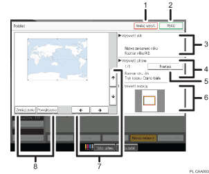 Ilustracja ekranu panela oznaczona numerowanymi odsyłaczami