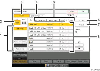 Ilustracja ekranu panela oznaczona numerowanymi odsyłaczami