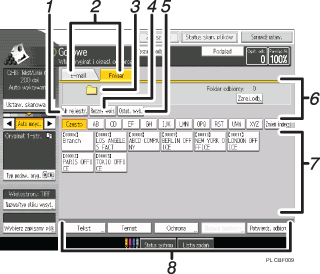 Ilustracja ekranu panela oznaczona numerowanymi odsyłaczami