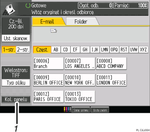 Ilustracja ekranu panela oznaczona numerowanymi odsyłaczami