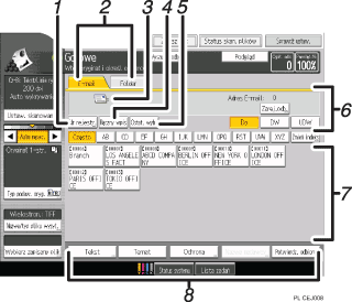 Ilustracja ekranu panela oznaczona numerowanymi odsyłaczami