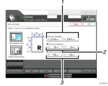 Ilustracja ekranu panela oznaczona numerowanymi odsyłaczami