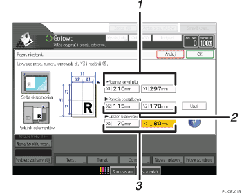 Ilustracja ekranu panela oznaczona numerowanymi odsyłaczami