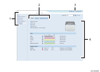 Ilustración con leyenda numerada de la pantalla del navegador Web