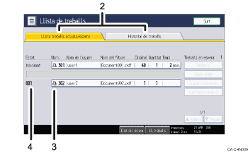 Il·lustració explicativa i numerada de la pantalla del panell d'operacions.