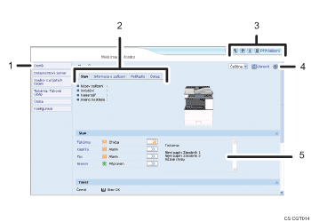Obrázek obrazovky webového prohlížeče s číselnými popisky
