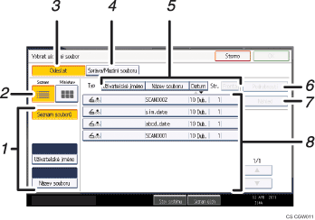 Číslovaná ilustrace ovládacího panelu zařízení