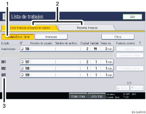 Ilustración con llamadas numeradas de la pantalla del panel de operaciones