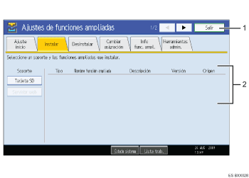 Ilustración con llamadas numeradas de la pantalla del panel de operaciones