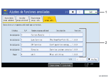 Ilustración con llamadas numeradas de la pantalla del panel de operaciones