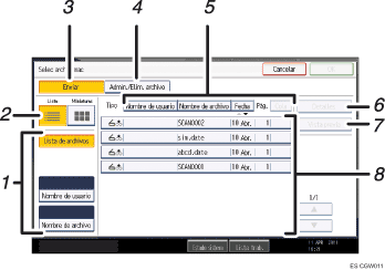 Ilustraci&oacute;n con llamadas numeradas de la pantalla del panel de operaciones