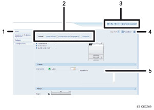 Ilustración con leyenda numerada de la pantalla del navegador Web