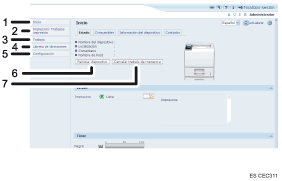 Ilustración con leyenda numerada de la pantalla del navegador Web