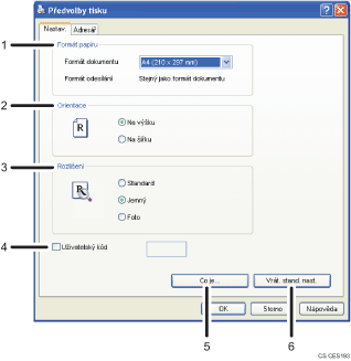 Ilustrace obrazovky aplikace s číslovanými popisky