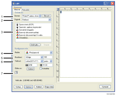 Ilustrace obrazovky aplikace s číslovanými popisky