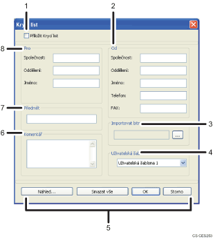 Ilustrace obrazovky aplikace s číslovanými popisky