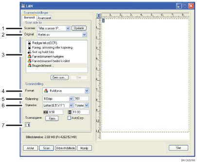 Nummereret illustration af programskærmbillede