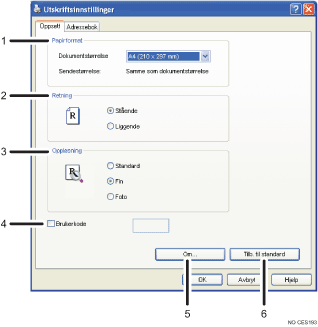 Illustrasjon av applikasjonsskjerm med nummererte forklaringer.
