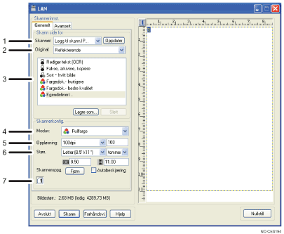 Illustrasjon av applikasjonsskjerm med nummererte forklaringer.