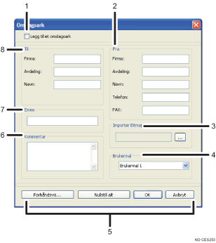 Illustrasjon av applikasjonsskjerm med nummererte forklaringer.