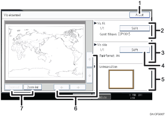 Nummereret illustration af skærmen på betjeningspanelet