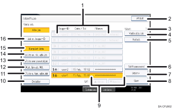 Nummereret illustration af skærmbilledet på betjeningspanelet