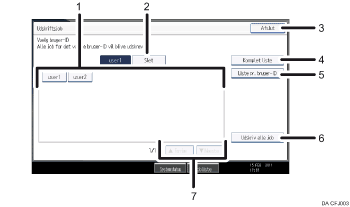 Nummereret illustration af skærmbilledet på betjeningspanelet