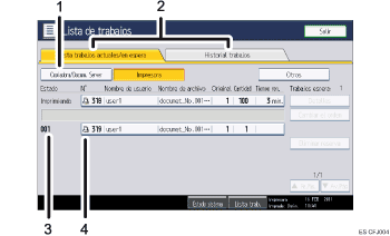 Ilustración con llamadas numeradas de la pantalla del panel de operaciones