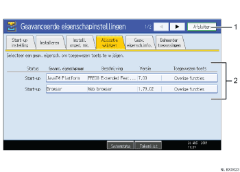 Schermafbeelding van het bedieningspaneel (illustratie met nummers en benamingen)