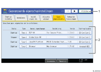 Schermafbeelding van het bedieningspaneel (illustratie met nummers en benamingen)