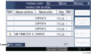 Ilustracja ekranu panela oznaczona numerowanymi odsyłaczami