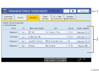 Ilustracja ekranu panelu operacyjnego (ilustracja z numerowanymi odnośnikiami)