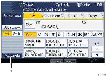 Ilustracja ekranu panela oznaczona numerowanymi odsyłaczami