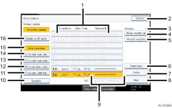 Ilustracja ekranu panela oznaczona numerowanymi odsyłaczami