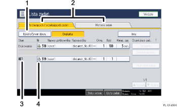 Ilustracja ekranu panela oznaczona numerowanymi odsyłaczami