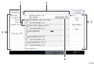 Ilustracja ekranu panela oznaczona numerowanymi odsyłaczami