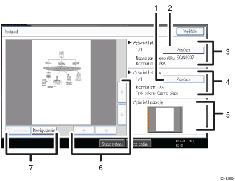 Ilustracja ekranu panela oznaczona numerowanymi odsyłaczami