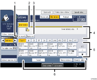 Ilustracja ekranu panela oznaczona numerowanymi odsyłaczami