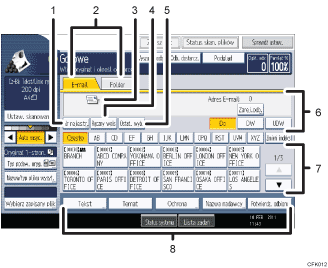 Ilustracja ekranu panela oznaczona numerowanymi odsyłaczami