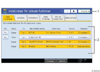 Bild av användarpanelens skärm med numrerade detaljer