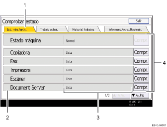 Ilustración con llamadas numeradas de la pantalla del panel de operaciones