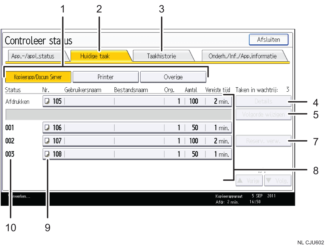 Genummerde afbeelding van het scherm van het bedieningspaneel