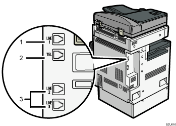 Illustratie van het aansluiten van de telefoonlijn (illustratie met nummers en benoemingen)