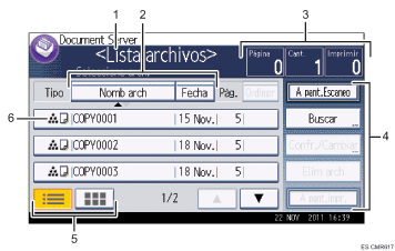 Ilustración con llamadas numeradas de la pantalla del panel de operaciones